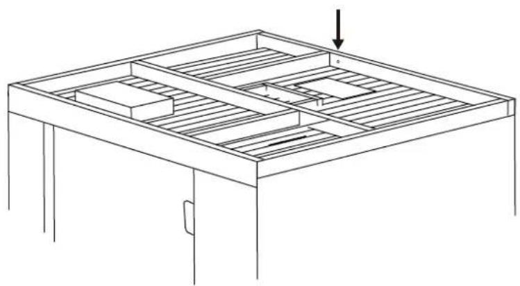 Line drawing of a structural frame with slatted panels and a downward arrow indicating force or movement (no text or symbols)