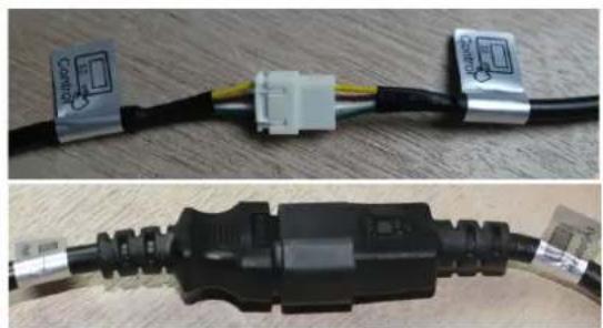 Two types of electrical connectors: top shows a connector with a logo, bottom shows a black cable with connectors and wiring (no visible text or symbols)