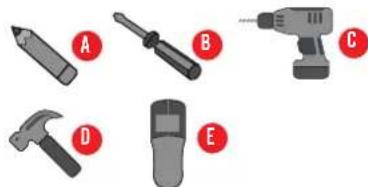Five labeled icons: pencil, screwdriver, drill, hammer, and bulb (no text or symbols beyond labels)