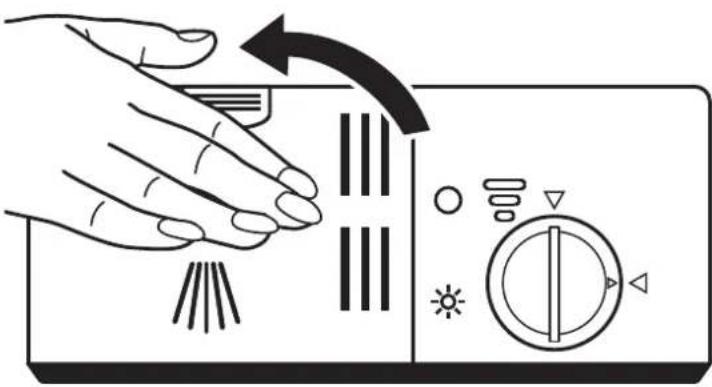 Diagram showing hand pressing down on a control panel with icons for lighting, power, and buttons labeled in English.