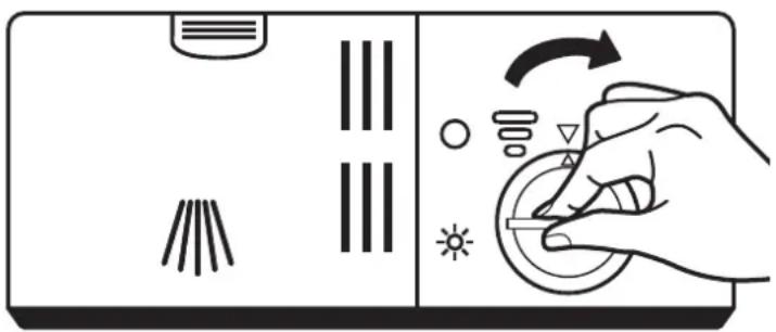 Diagram showing a hand pressing down on a device's screen with icons for lighting, sound, and adjustment controls.