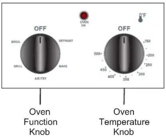 OFF BROIL DEFRöst GRILL BAKE AIR FRY OVEN ON 0°F OFF 500+ +150 +200 +250 +300 450 400° 350° Oven Function Knob Oven Temperature Knob