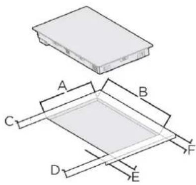 Technical diagram showing a rectangular component with labeled parts A through F, and a separate cross-sectional view.