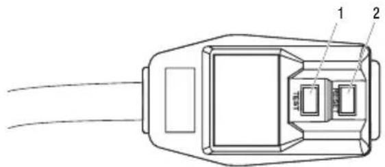 Technical diagram of a connector with labeled parts 1 and 2, showing internal structure and wiring connections.