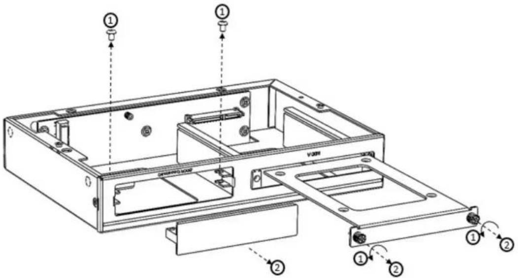 Technical diagram of a device chassis with numbered components and labeled parts