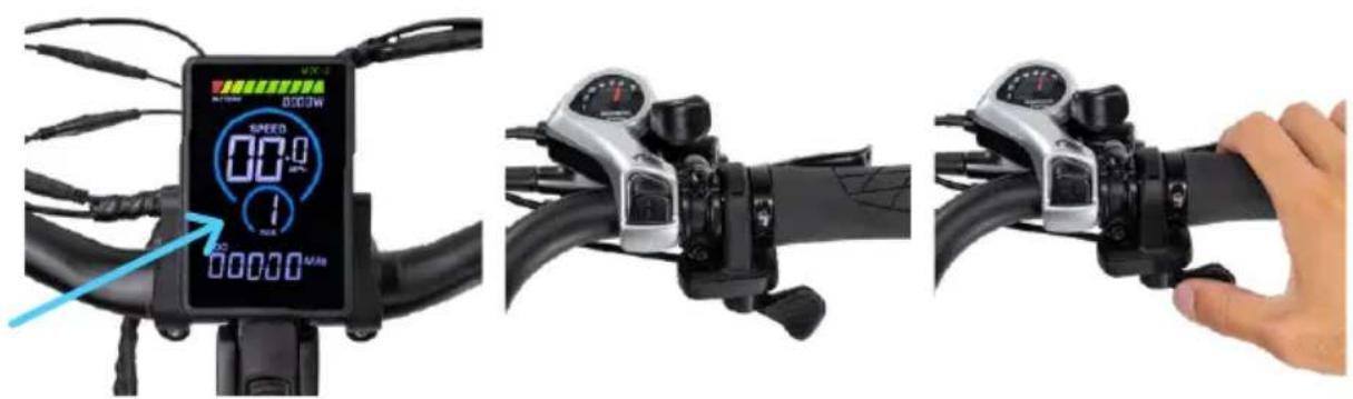 Diagram showing three views of a bicycle steering wheel with digital display, speed, and hand gesture interacting with the wheel.