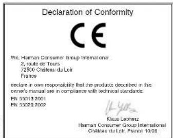 Declaration of Conformity CE We, Harmon Consumer Group International 2, route de Tours 72500 Château du Loir France declare in own responsibility that the products described in this owner's manual are in compliance with technical standards: EN 353213:2001 EN 353220:2002 Klaus Lehighz Hauman Consumer Group International Château du Loir, France 1936.