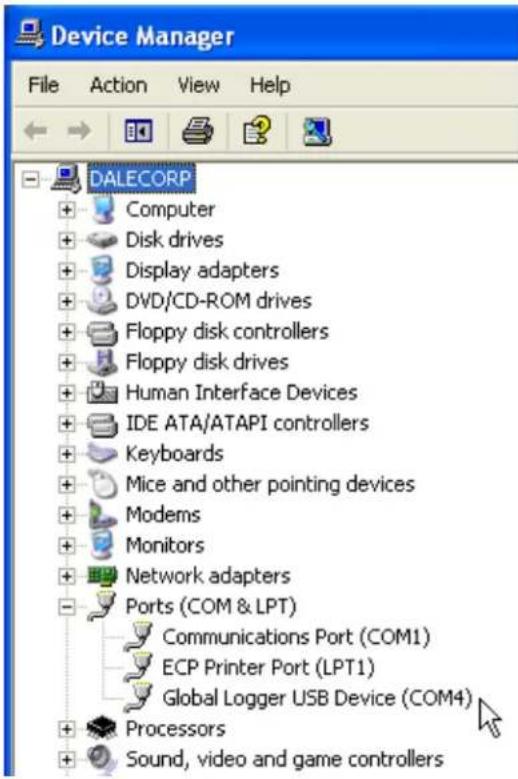 Device Manager File Action View Help DALECORP + Computer + Disk drives + Display adapters + DVD/CD-ROM drives + Floppy disk controllers + Floppy disk drives + Human Interface Devices + IDE ATA/ATAPI controllers +_Keyboards + Mice and other pointing devices +(Modems) + Monitors + Network adapters - Ports (COM & LPT) Communications Port (COM1) ECP Printer Port (LPT1) Global Logger USB Device (COM4) + Processors + Sound, video and game controllers