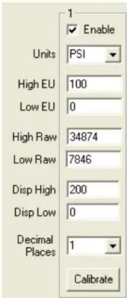 1 Enable Units PSI High EU 100 Low EU 0 High Raw 34874 Low Raw 7846 Disp High 200 Disp Low 0 Decimal Places 1 Calibrate
