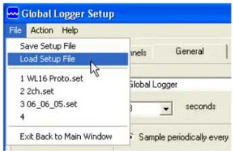 Global Logger Setup File Action Help Save Setup File Load Setup File 1 WL16 Proto.set 2 2ch.set 3 06_06_05.set 4 Exit Back to Main Window Channels General Global Logger seconds Sample periodically every