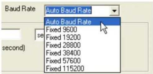 Baud Rate Auto Baud Rate Auto Baud Rate Fixed 9600 Fixed 19200 Fixed 28800 Fixed 38400 Fixed 57600 Fixed 115200
