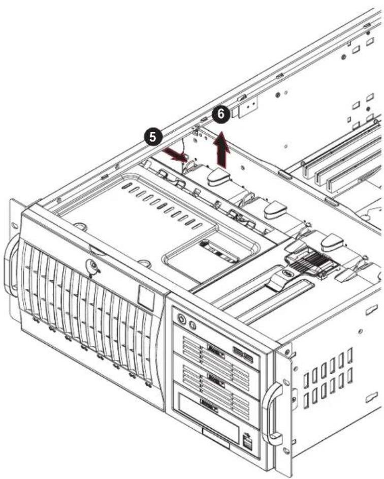 Technical diagram of a server rack with numbered components and labeled parts
