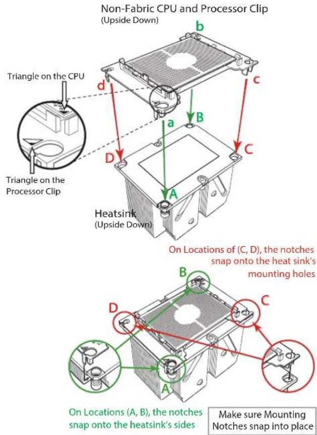 Non-Fabric CPU and Processor Clip (Upside Down) Triangle on the CPU Triangle on the Processor Clip Heatsink (Upside Down) On Locations of (C, D), the notches snap onto the heat sink's mounting holes On Locations (A, B), the notches snap onto the heatsink's sides Make sure Mounting Notches snap into place