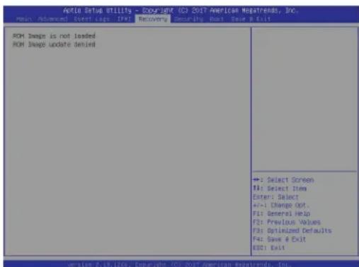 Action Setup Utility - Copyright (C) 2017 American Newsfriends, Inc. Host: Advanced Event Logs IFMS Recovery Security Root Save & Exit POM Image is not loaded POM Image update denied +: Select Screen 14: Select Item Enter: Select +/-: Change Out. F1: General Help F2: Previous Values F3: Optimized Defaults F4: Save & Exit ESE: Exit version 2.19.126s. Copyright (C) 2017 American Newsfriends, Inc.