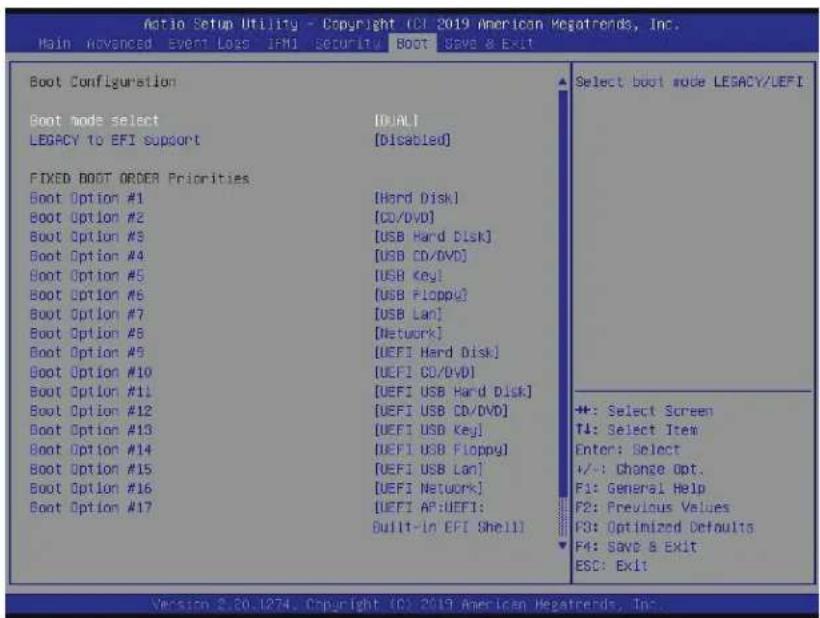Boot Configuration Boot mode select LEGACY to EFI support FIXED BOOT ORDER Priorities Boot Option #1 Boot Option #2 Boot Option #3 Boot Option #4 Boot Option #5 Boot Option #6 Boot Option #7 Boot Option #8 Boot Option #9 Boot Option #10 Boot Option #11 Boot Option #12 Boot Option #13 Boot Option #14 Boot Option #15 Boot Option #16 Boot Option #17 [DOUBLE] [Disabled] [Hard Disk] [CO/DVD] [USB Hard Disk] [USB CD/DVD] [USB Key] [USB Floppy] [USB Lan] [Network] [UEFI Hard Disk] [UEFI CD/DVD] [UEFI USB Hard Disk] [UEFI USB CD/DVD] [UEFI USB Key] [UEFI USB Floppy] [UEFI USB Lan] [UEFI Network] [UEFI AP:UEFI: Built-in EFI Shell] Select boot mode LEGACY/LEFI +: Select Screen T4: Select Item Enter: Select +/-: Change Opt. F1: General Help F2: Previous Values F3: Optimized Defaults F4: SAVE & Exit ESC: Exit Version 2.20.1274, Copyright (C): 2019 American HeatThreads, Inc.
