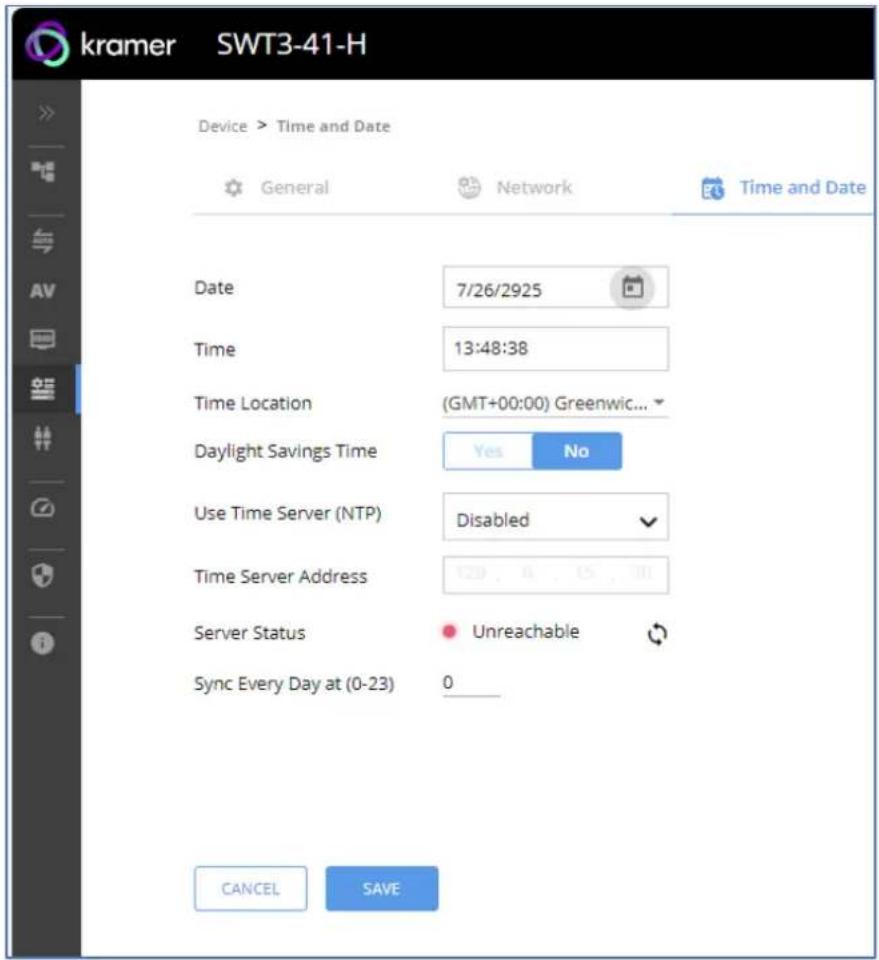 kramer SWT3-41-H Device > Time and Date General Network Time and Date Date 7/26/2925 Time 13:48:38 Time Location (GMT+00:00) Greenwic... Daylight Savings Time Yes No Use Time Server (NTP) Disabled Time Server Address 129, 4, 15, 311 Server Status Unreachable Sync Every Day at (0-23) 0 CANCEL SAVE