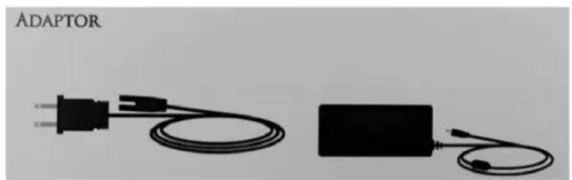 Two electronic devices: a power plug connected to a cable and a rectangular charging unit with cables (no text or symbols visible)