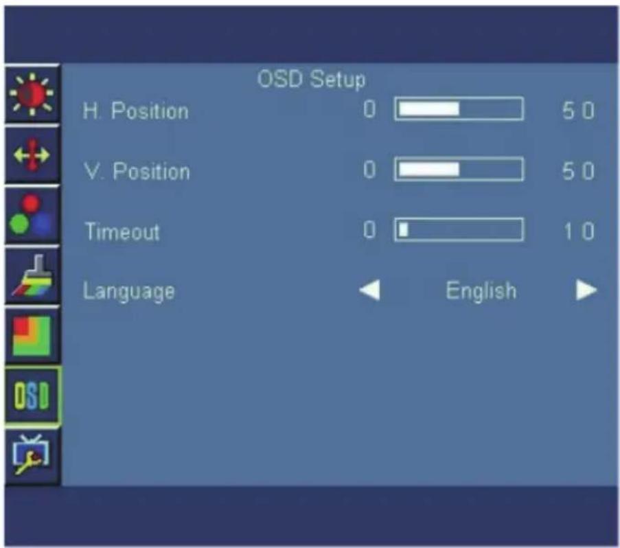 OSD Setup H. Position 0 50 V. Position 0 50 Timeout 0 10 Language English