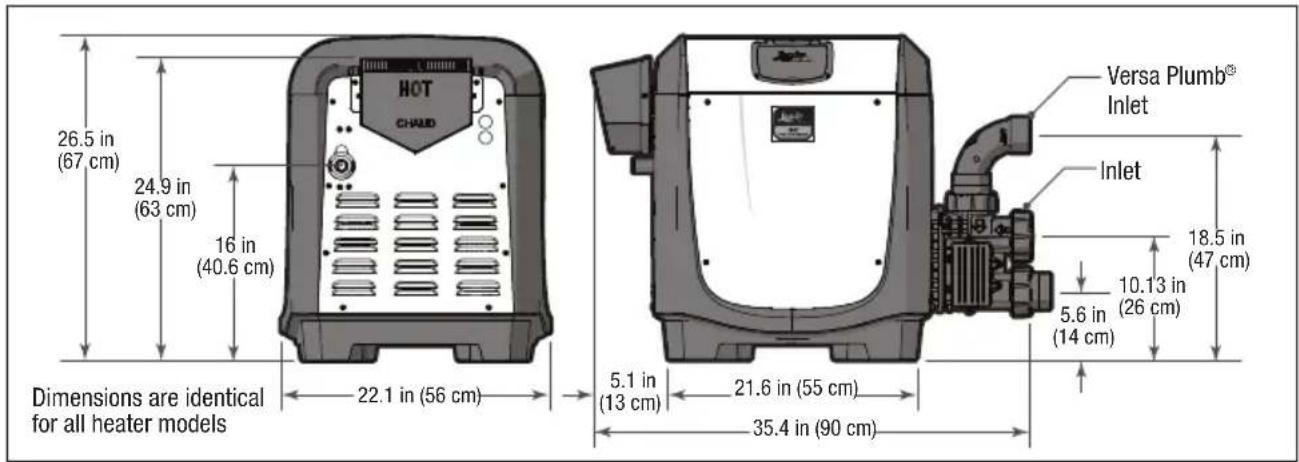 26.5 in (67 cm) 24.9 in (63 cm) 16 in (40.6 cm) Dimensions are identical for all heater models 22.1 in (56 cm) 5.1 in (13 cm) 21.6 in (55 cm) 35.4 in (90 cm) Versa Plumb® Inlet Inlet 5.6 in (14 cm) 10.13 in (26 cm) 18.5 in (47 cm)