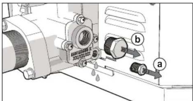 Technical diagram of a mechanical assembly with labeled parts and directional arrows indicating flow or movement.