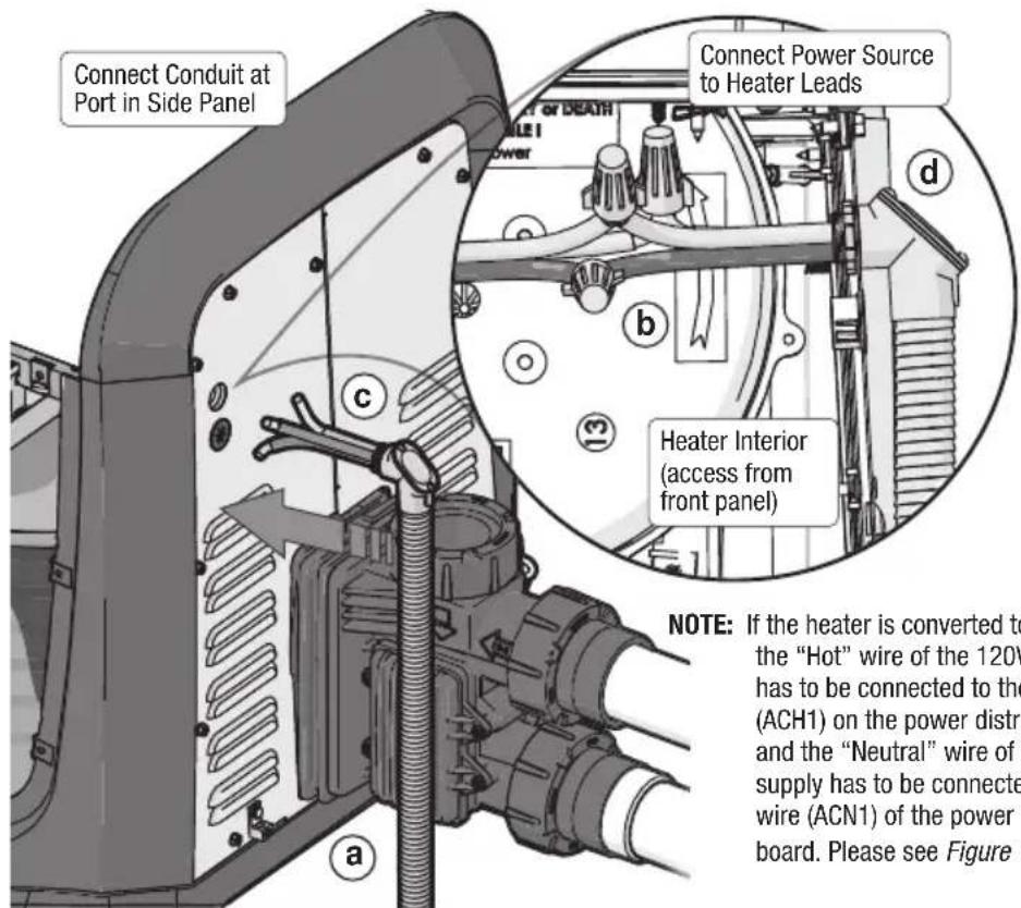 Connect Conduit at Port in Side Panel Connect Power Source to Heater Leads Heater Interior (access from front panel) NOTE: If the heater is converted to the "Hot" wire of the 120V has to be connected to the (ACH1) on the power district and the "Neutral" wire of the supply has to be connected to the wire (ACN1) of the power board. Please see Figure 7