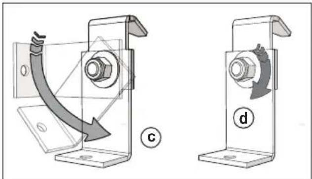 Technical diagram showing two mechanical assembly states labeled c and d, with arrows indicating direction of movement or force.