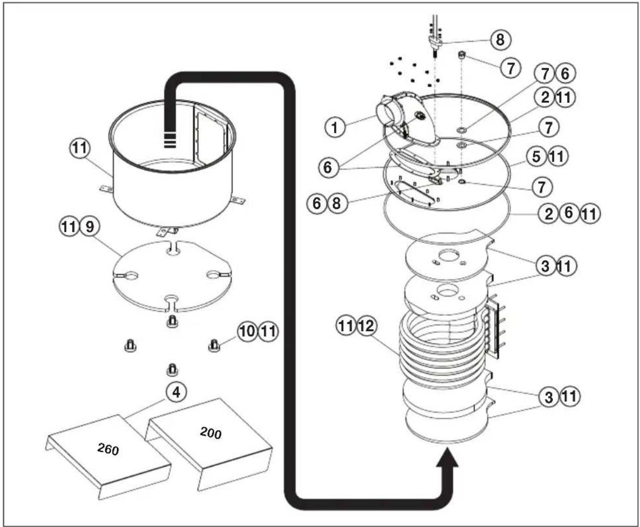 Technical diagram of a mechanical assembly with numbered components and labeled parts