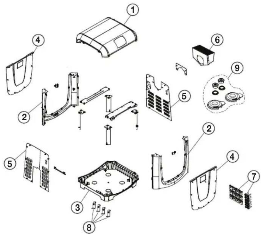 Exploded view diagram of a device with numbered parts for identification and assembly reference.