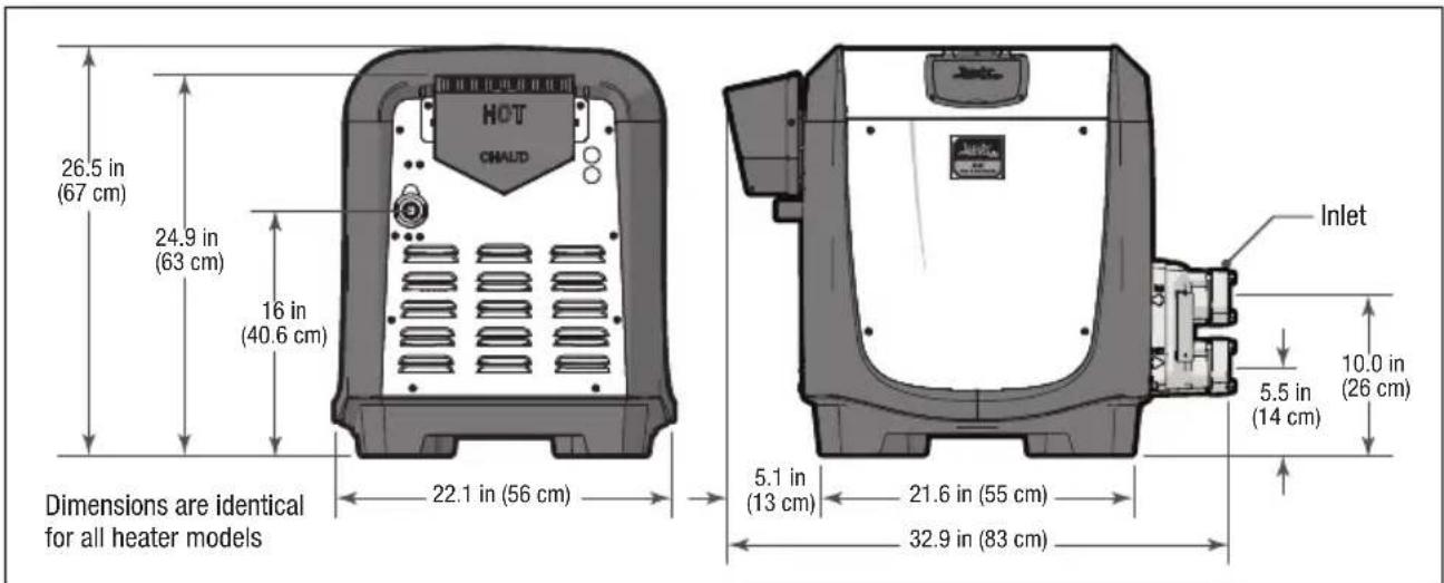 26.5 in (67 cm) 24.9 in (63 cm) 16 in (40.6 cm) 22.1 in (56 cm) Dimensions are identical for all heater models HOT CHAUD Inlet 5.5 in (14 cm) 10.0 in (26 cm) 5.1 in (13 cm) 21.6 in (55 cm) 32.9 in (83 cm)