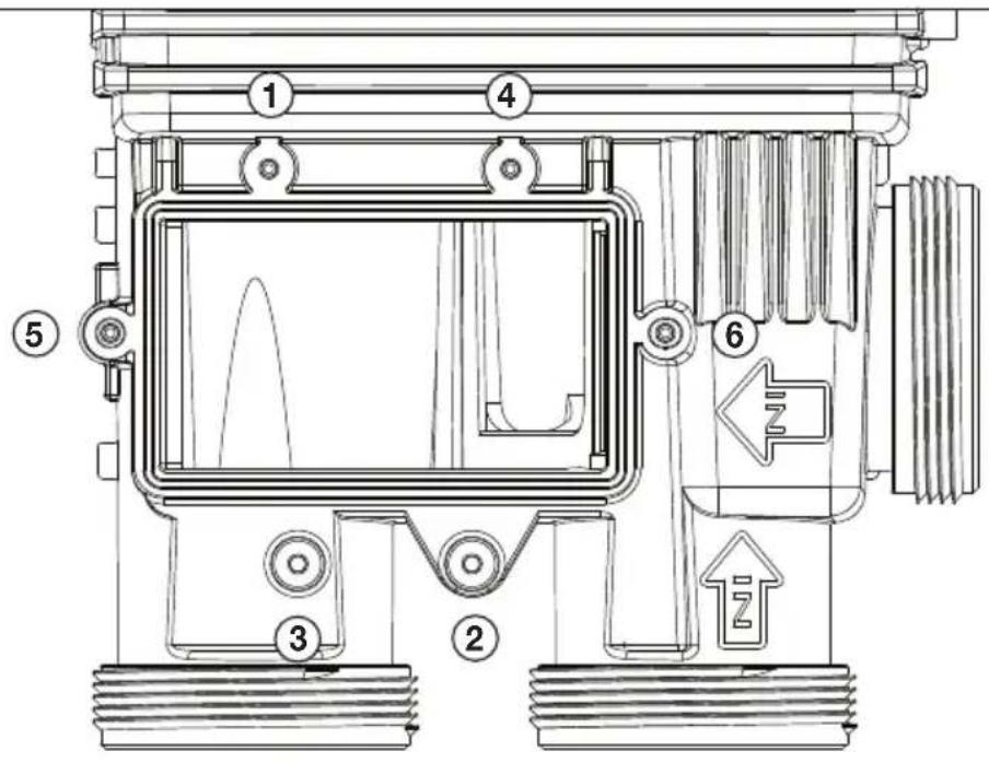 Technical diagram of a mechanical device with numbered components and labeled parts