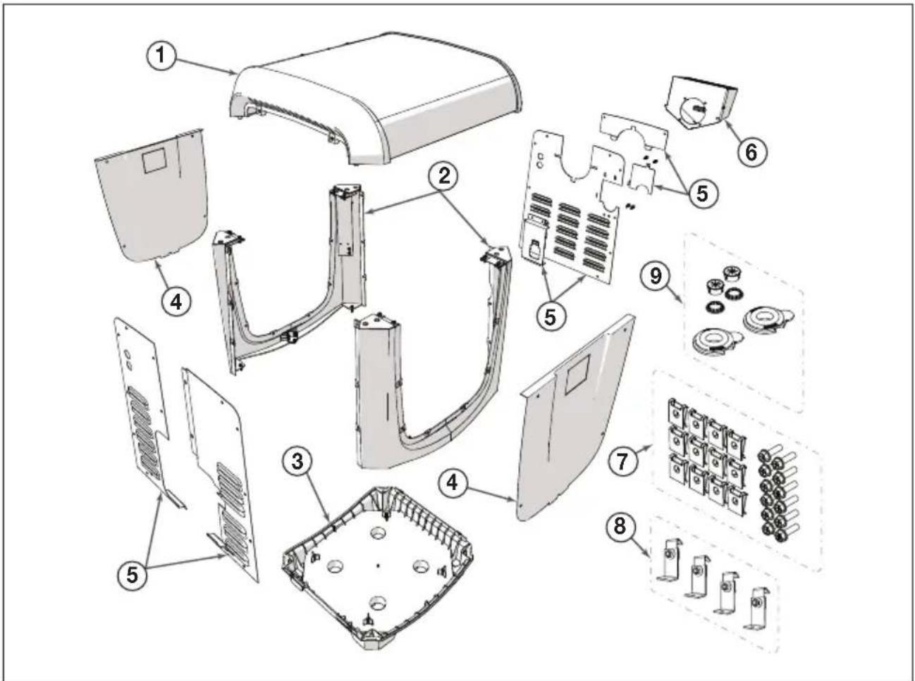 Exploded view diagram of a refrigerator internal components with numbered parts for identification