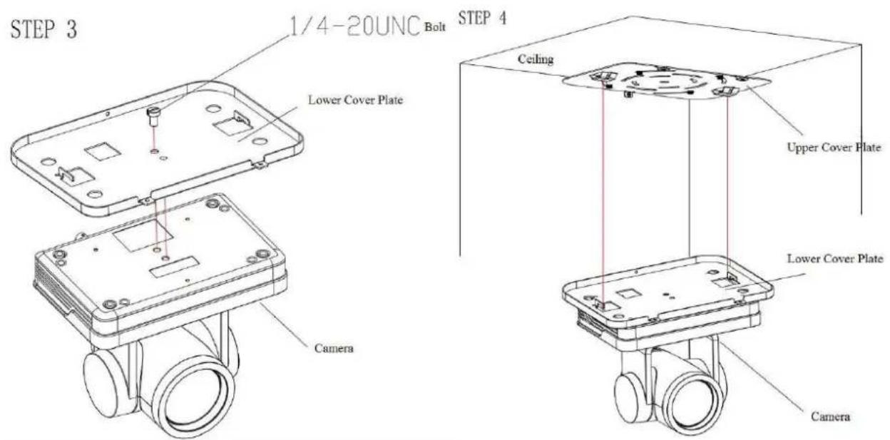 STEP 3 1/4-20UNC Bolt STEP 4 Lower Cover Plate Ceiling Upper Cover Plate Lower Cover Plate Camera Camera