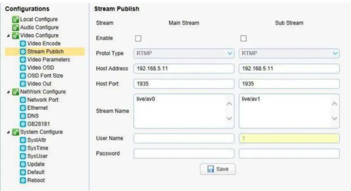 Configurations Local Configure Audio Configure Video Configure Video Encode Stream Publish Video Parameters Video OSD OSD Font Size Video Out NetWork Configure Network Port Ethernet DNS GB28181 System Configure SystAttr SysTime SysUser Update Default Reboot Stream Publish Stream Main Stream Sub Stream Enable Protol Type RTMP RTMP Host Address 192.168.5.11 192.168.5.11 Host Port 1935 1935 Stream Name-live/av0/live/av1 User Name 1 Password Save