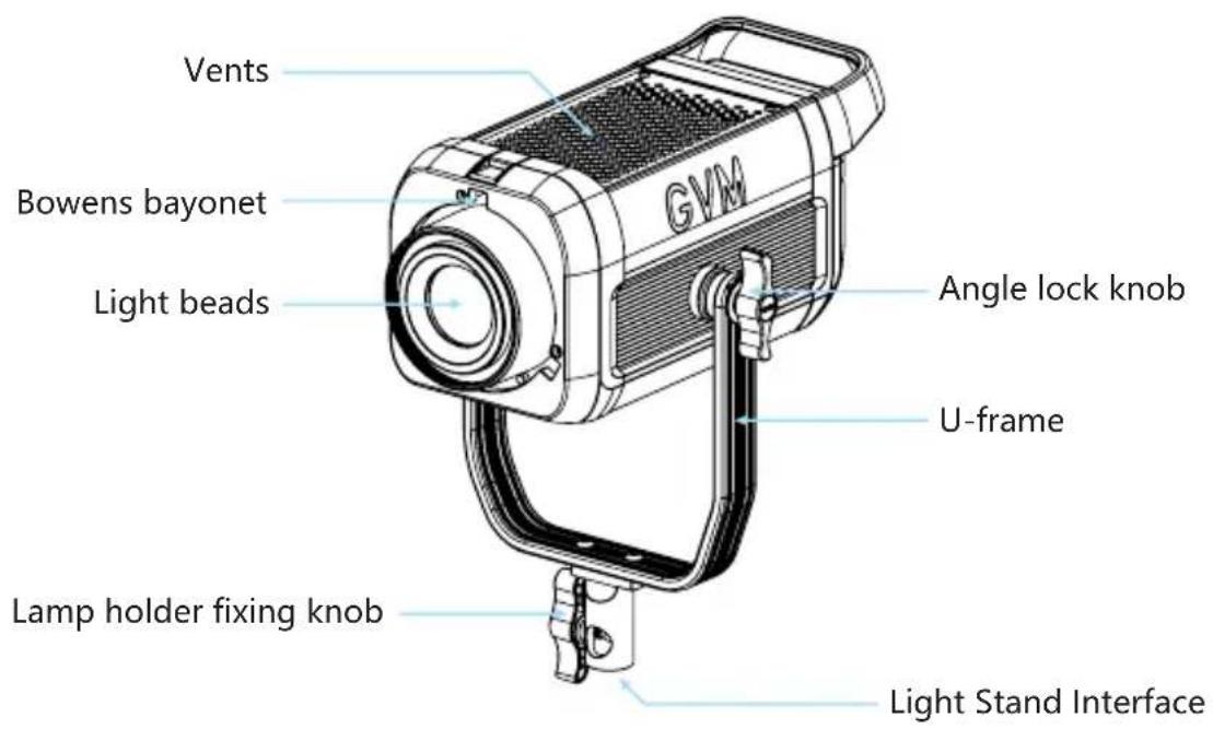 Vents GVM Bowens bayonet Light beads Angle lock knob U-frame Lamp holder fixing knob Light Stand Interface