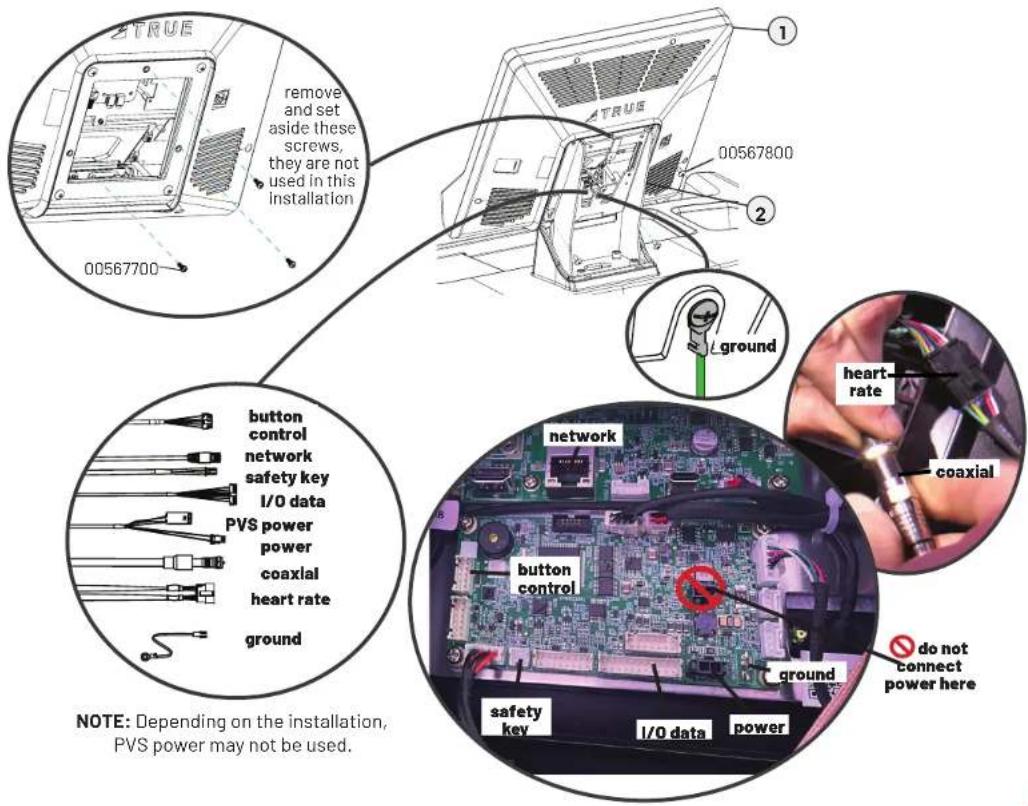 remove and set aside these screws, they are not used in this installation 00567700 1 2 00567800 ground button control network safety key I/O data PVS power power coaxial heart rate ground NOTE: Depending on the installation, PVS power may not be used. network button control ground 1/0 data power 1/0 data work work work work work work work work work work work work work work work work work work work work work work work work