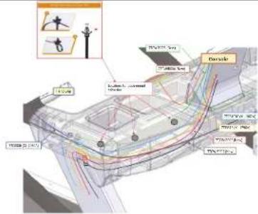 Technical diagram of a vehicle's internal components with labeled parts and motion indicators