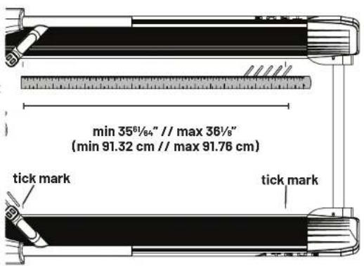 min 35⁶¹/⁶⁴″ // max 36¹/⁶″ (min 91.32 cm // max 91.76 cm) tick mark tick mark