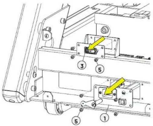Technical diagram of a mechanical assembly with numbered components and highlighted yellow arrows indicating features.