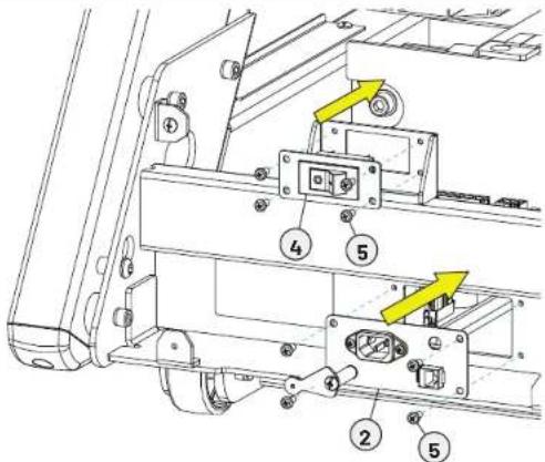 Technical diagram of a mechanical assembly with numbered components and directional arrows indicating motion or movement.