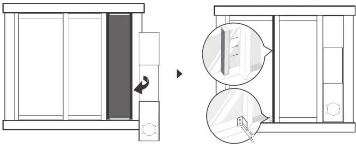 Diagram illustrating door opening and window assembly process with labeled components and directional arrows
