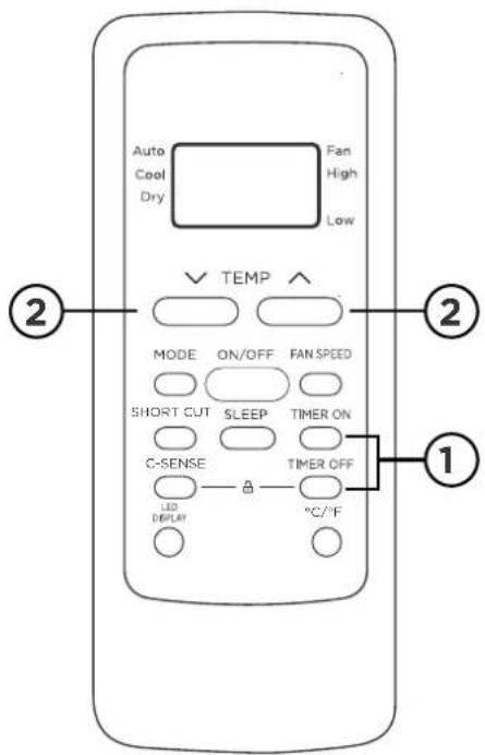 Auto Cool Dry Fan High Low TEMP MODE ON/OFF FAN SPEED SHORT CUT SLEEP TIMER ON C-SENSE TIMER OFF LED DISPLAY °C/°F ② ② ①