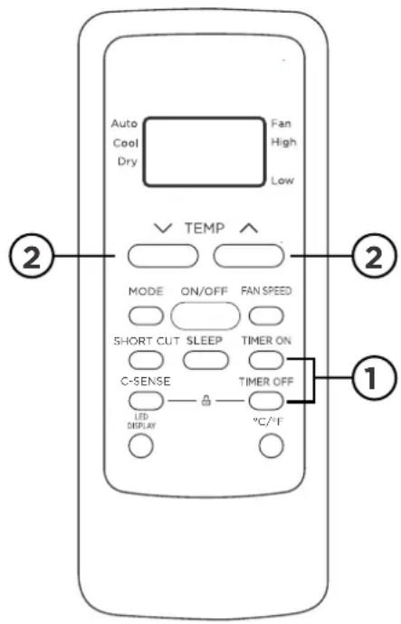 Auto Cool Dry Fan High Low TEMP MODE ON/OFF FAN SPEED SHORT CUT SLEEP TIMER ON C-SENSE TIMER OFF LED DISPLAY °C/°F ② ② ①