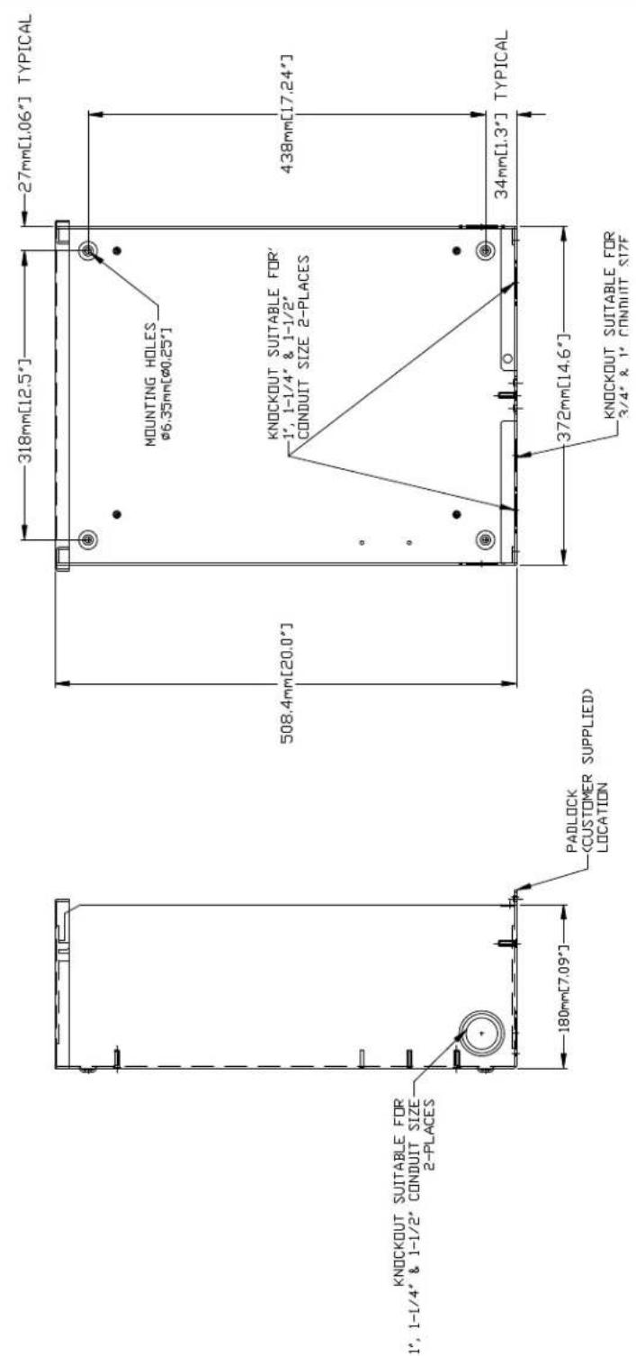 KNOCKOUT SUITABLE FOR 1", 1-1/4" & 1-1/2" CONDUIT SIZE 2-PLACES 180mm[7.09°] PADLOCK (CUSTOMER SUPPLIED) LOCATION 318mm[12.5°] 27mm[1.06°] TYPICAL MOUNTING HOLES Φ6.35mm[Φ0.25°] KNOCKOUT SUITABLE FOR' 1", 1-1/4" & 1-1/2" CONDUIT SIZE 2-PLACES 438mm[17.24°] 34mm[1.3°] TYPICAL 372mm[14.6°] KNOCKOUT SUITABLE FOR 3/4" & 1" CONDUIT SIZE