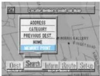 Locate memory point or map ADDRESS CATEGORY PREVIOUS DEST. HOME MEMORY POINT DEST Search Inform Route Setup