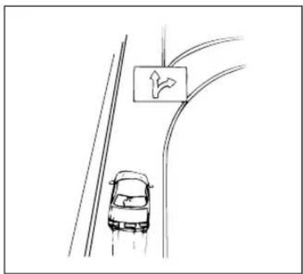 Top-down line drawing of a car driving on a curved road with a directional sign (no text or symbols)
