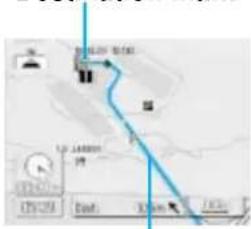 Map snippet showing a blue route with directional arrows and location markers, including a vehicle icon and control buttons.