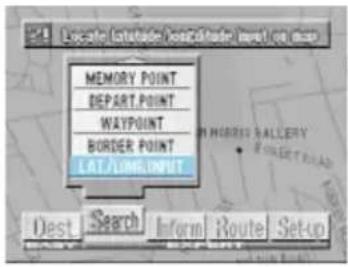 LOCATE INTENDED POSTCODE INVEST ON WORK MEMORY POINT DEPART POINT WAYPOINT BORDER POINT LAT/LONG INPUT Dest Search Inform Route Setup