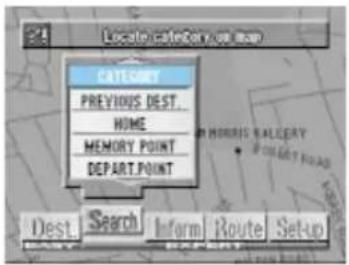 Location category you now CATEGORY PREVIOUS DEST. HOME MEMORY POINT DEPART POINT Dest Search Inform Route Setup