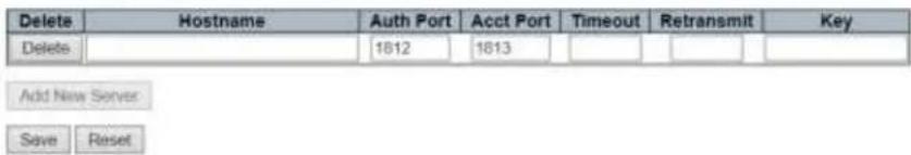 Delete Hostname Auth Port Acct Port Timeout Retransmit Key Delete 1612 1613 Add New Server Save Reset