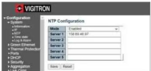 VIGITRON Configuration System Information IP NTP Time data Log & Alarm Green Ethernet Thermal Protection Ports DHCP Security Aggregation Link CHAM NTP Configuration Mode Enabled Server 1 158.60.48.97 Server 2 Server 3 Server 4 Server 5 Save Reset